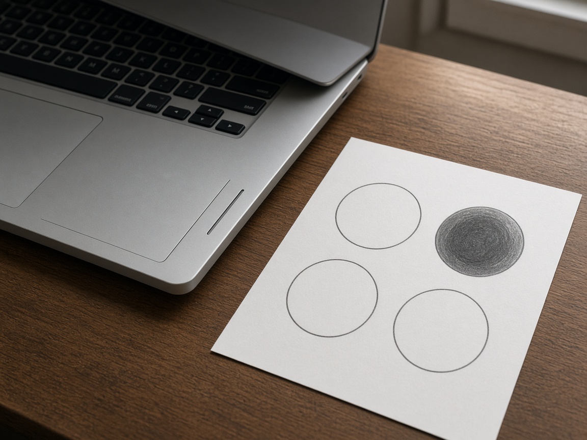 A laptop seen from the side, next to a sheet with one answer filled in.