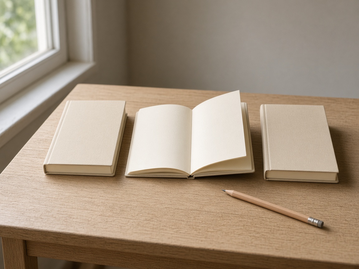Three notebooks on a table, with the middle one open.