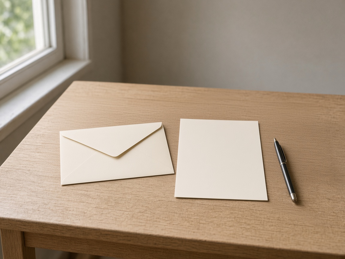 A blank envelope, a blank sheet, and a pen on a wooden desk.