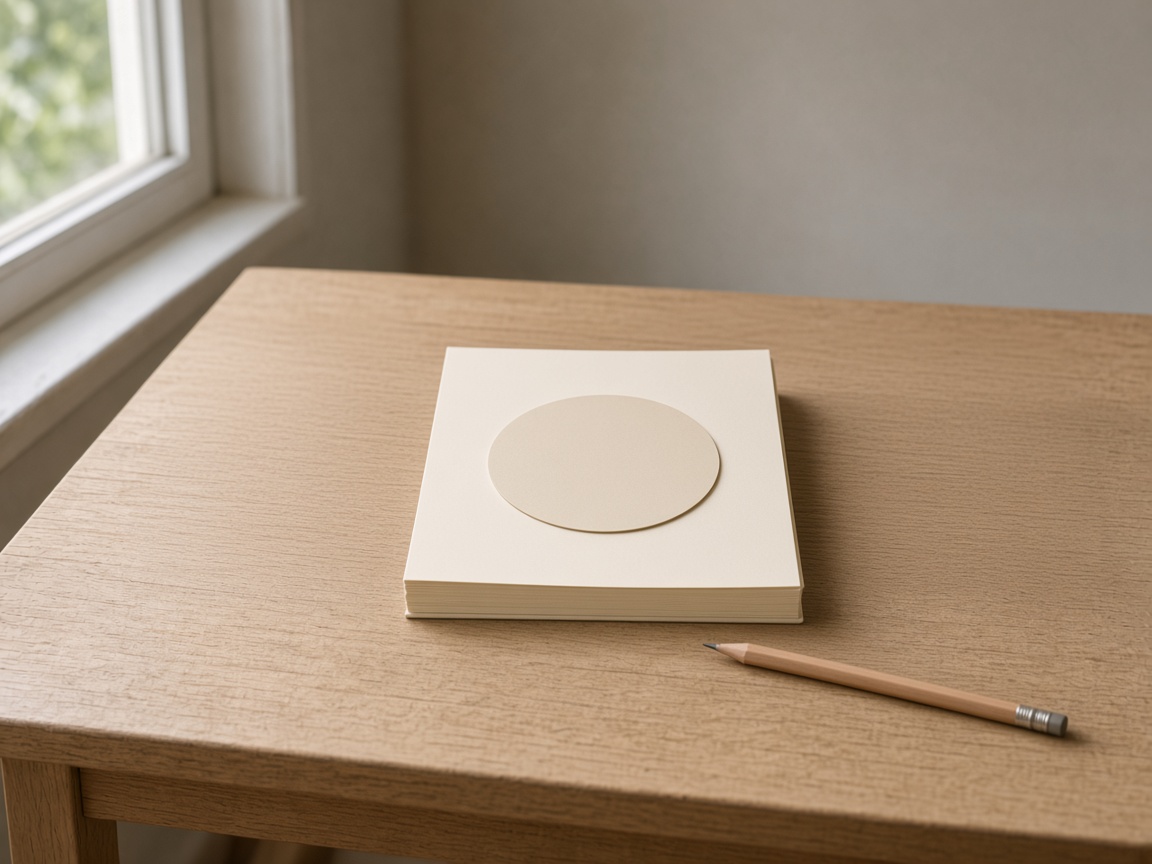 A stack of blank paper with a plain round card, and a pencil.