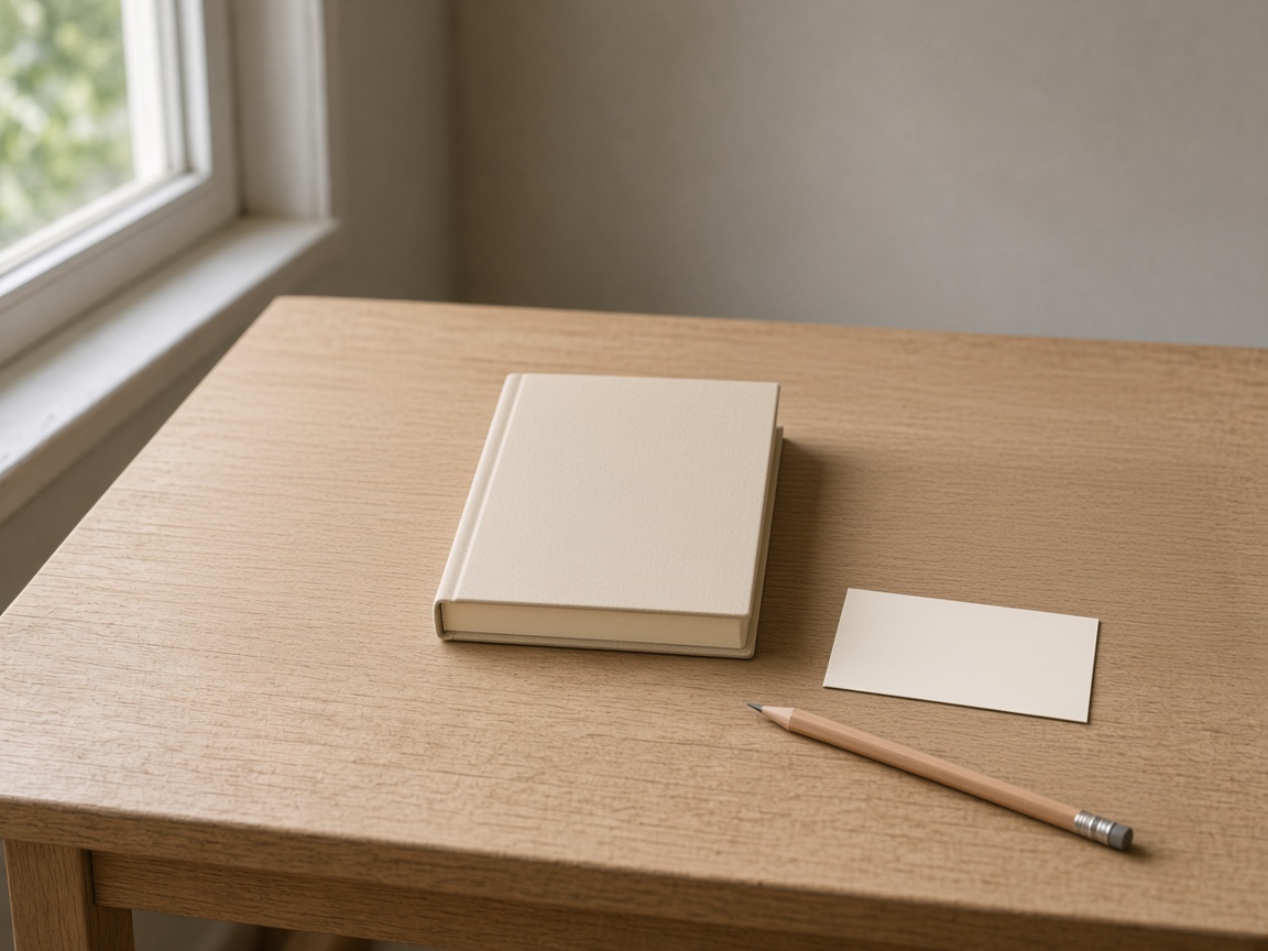 A closed notebook, a blank card, and a pencil on a wooden desk.