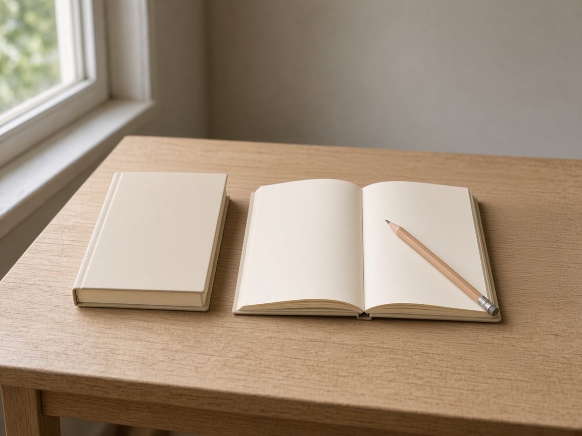 An open notebook and a pencil on a wooden desk.