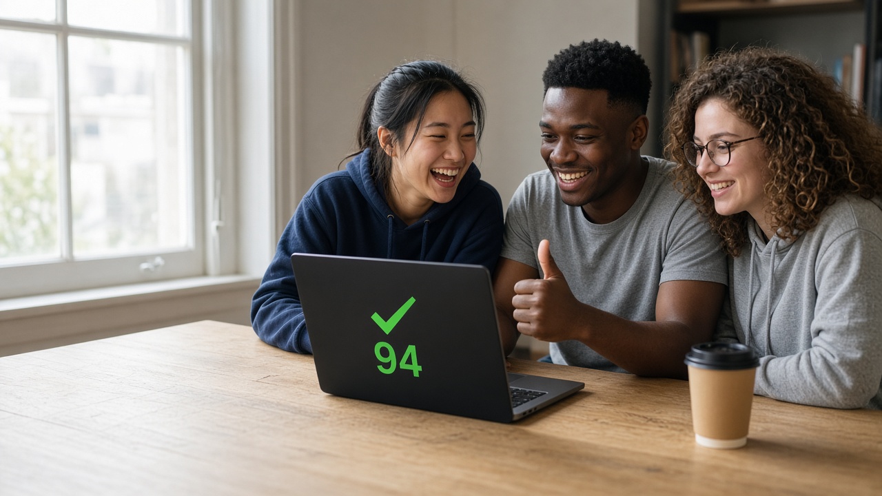 Three students smiling at a laptop that shows a practice score of 94.